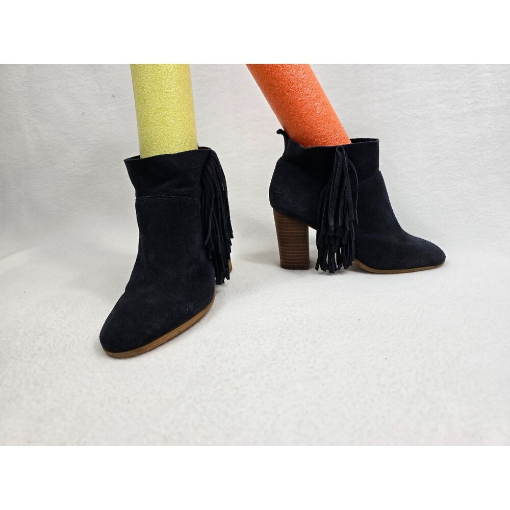 Crown Vintage Navy Blue 7.5 Suede Fringe Ankle Boots Wooden Stacked Heel Boho